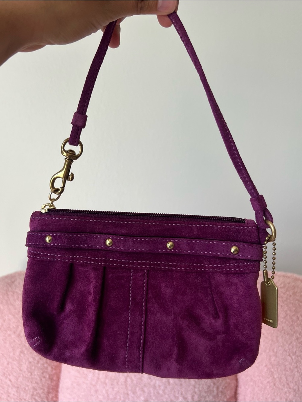 Coach Hampton Plum Mosaic Multicolor Patchwork Suede Wristlet - Picture 2 of 4